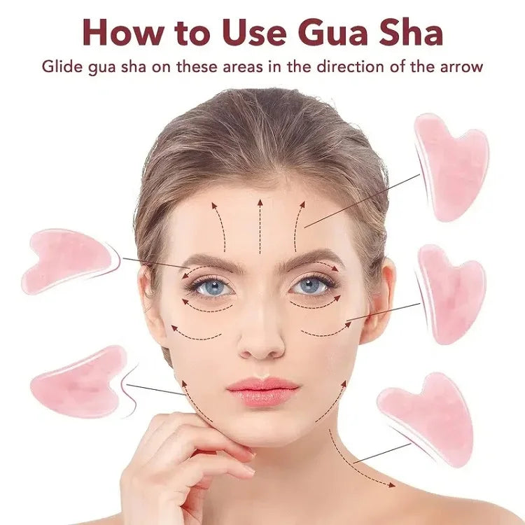 Educational diagram showing how to use pink heart-shaped resin gua sha tools on a woman's face with directional arrows.