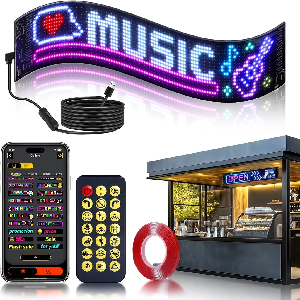 Smart LED scrolling display screen, supports Bluetooth app control, allows for customization of text, graphics, and animations, is USB-powered for easy installation, and is suitable for digital signage in stores, trucks, food