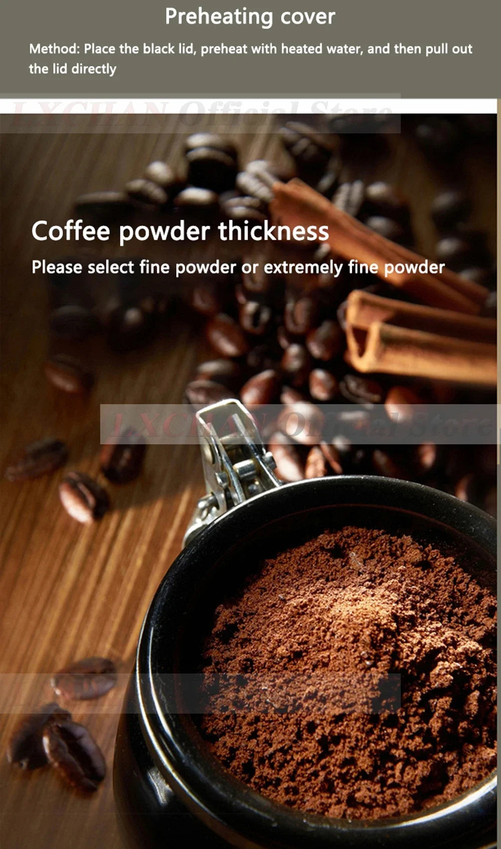 LYCHAN black metal coffee maker basket filled with fine coffee grounds on a wooden surface with roasted coffee beans.