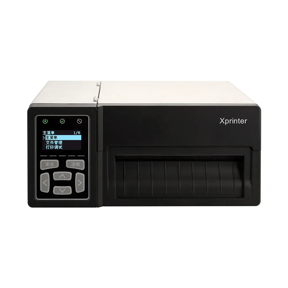 Black industrial thermal label barcode printer with LCD control screen and front opening