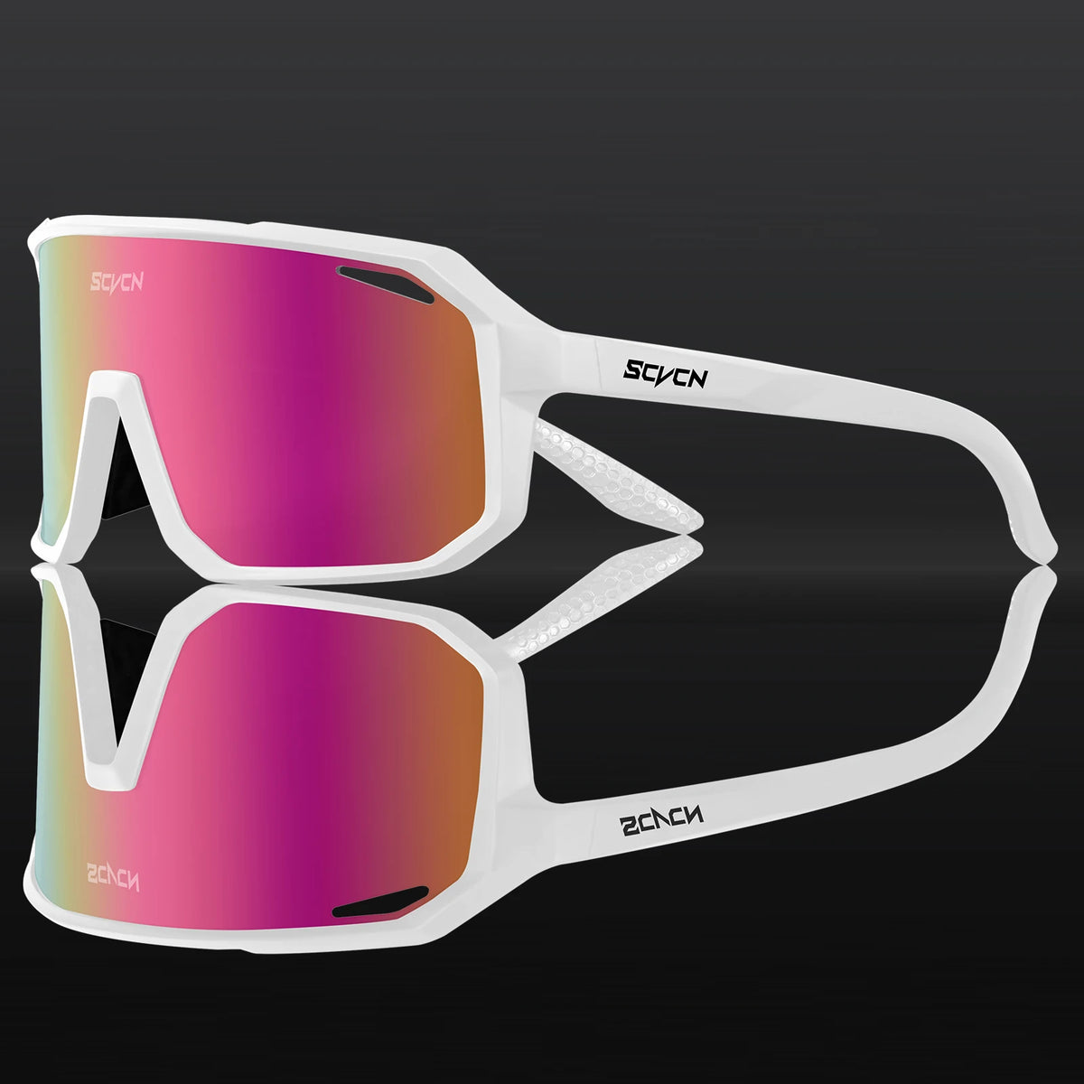 Cycling sport sunglasses with pink mirrored lenses and white frame, front close-up