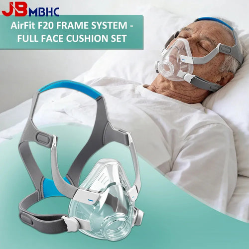 ResMed AirFit F20 CPAP full face mask frame and cushion system with grey and blue headgear for sleep apnea therapy.