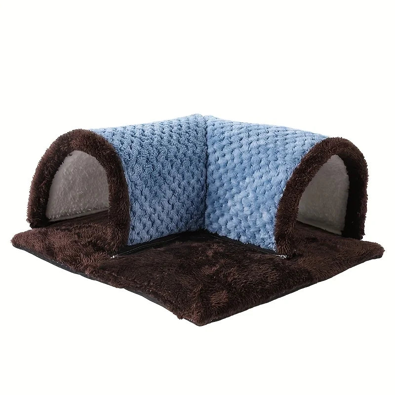 Blue and brown plush L-shaped corner guinea pig hideout tunnel with a soft, removable fleece base.