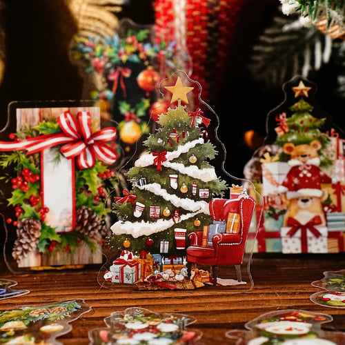 15 Sheets Christmas Theme PET Sticker Pack for Scrapbook DIY Photo Frame Collage Decor, Christmas Gift Decorative Stickers