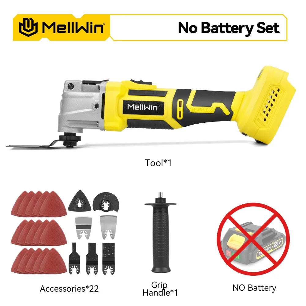 Yellow and gray oscillating multi tool kit with charger, grip handle, and accessory blades (no battery)