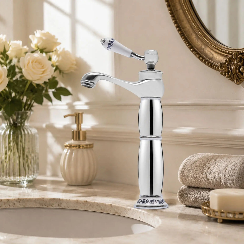 Solid Brass Silver Single-Handle Bathroom Faucet, Chrome-Plated Modern Deck Mount Basin Tap, 0.5-0.7MPa High-Pressure Cold/Hot Water Mixer
