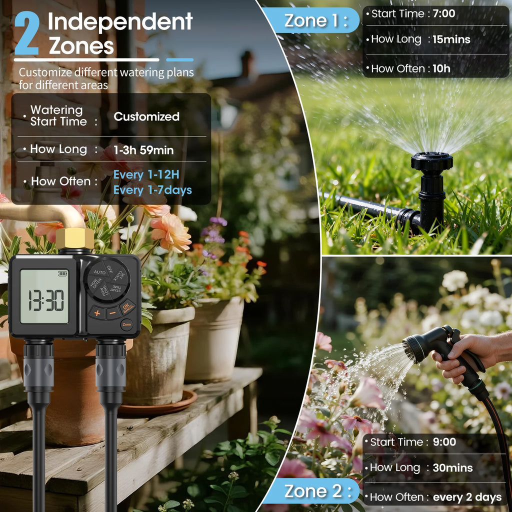 Dual-zone LCD watering timer control head with two hose connectors for garden plants