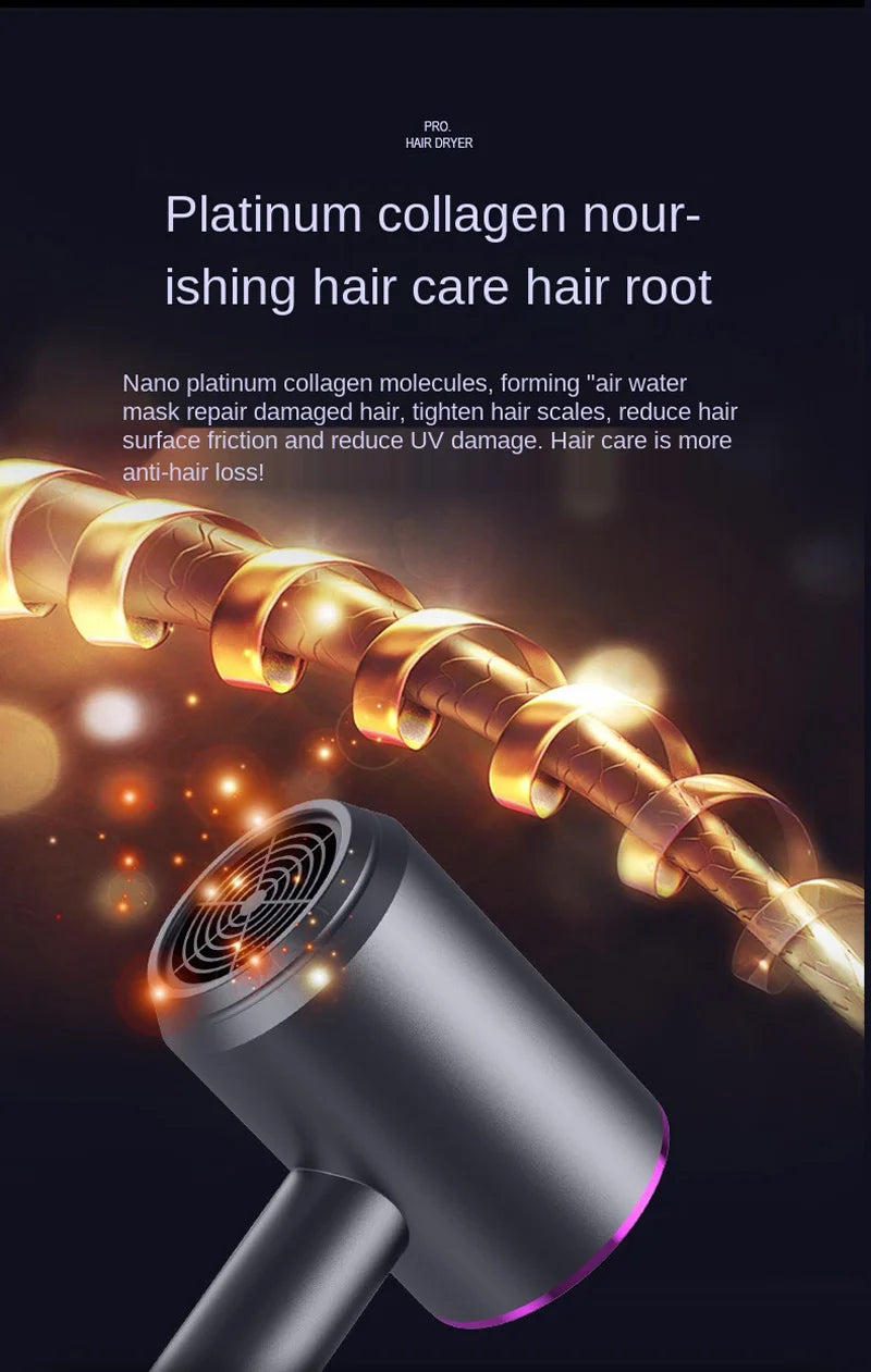 Professional high-speed hair dryer with platinum collagen tech for damage repair and salon-quality constant heating.