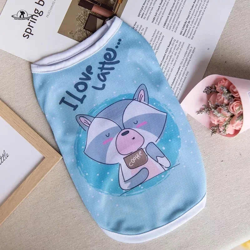 Cute blue summer vest for small dogs and cats with a cartoon puppy coffee print. Breathable, comfy pet shirt outfit.