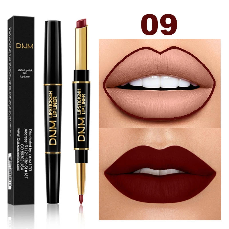 DNM 2-in-1 waterproof matte lipstick and lip liner pencil in shade 09, featuring nude and deep red velvet finishes.