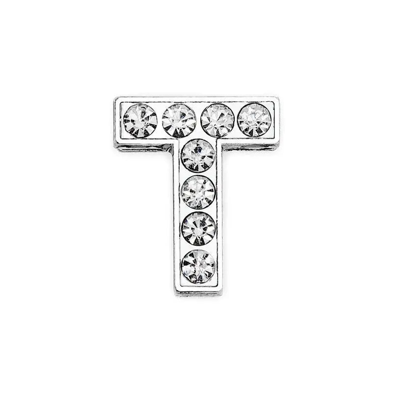 Silver rhinestone letter T slide charm for 8mm DIY pet collars, perfect for personalizing custom dog accessories.