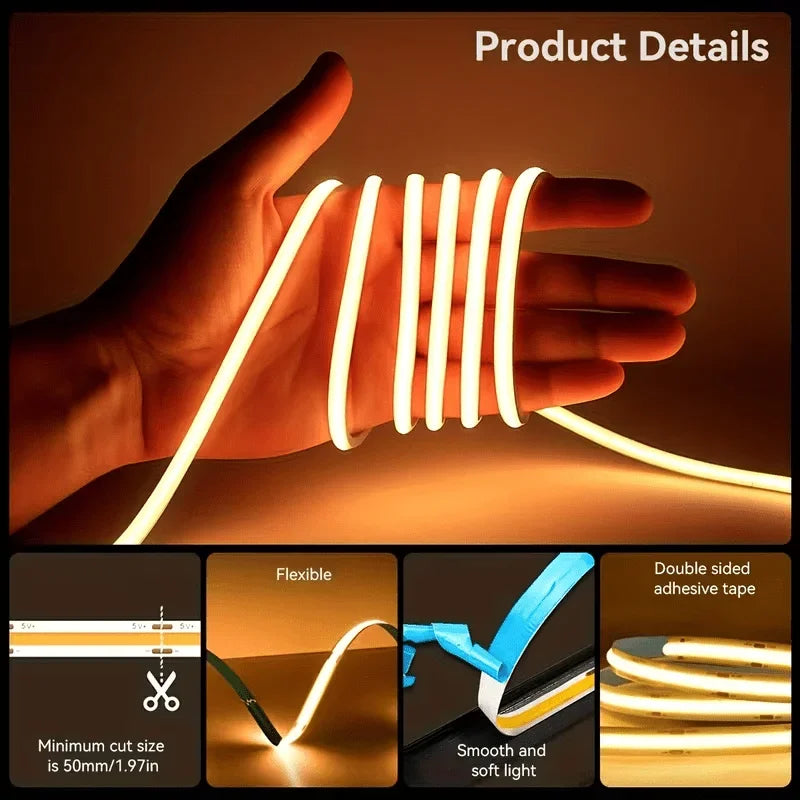 COB LED Strip Lights With Touch Dimmer 5V High Density Linear Lighting with Adhesive Tape DIY Lamp For Living Room Cabinet Decor