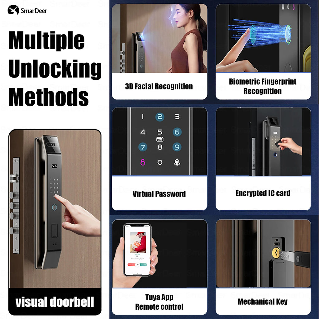 SmarDeer Fingerprint Door Lock 3D Face Palm Vein Smart Lock Visual Camera Doorbell Tuya WiFi Fingerprint Keyless Electronic Lock
