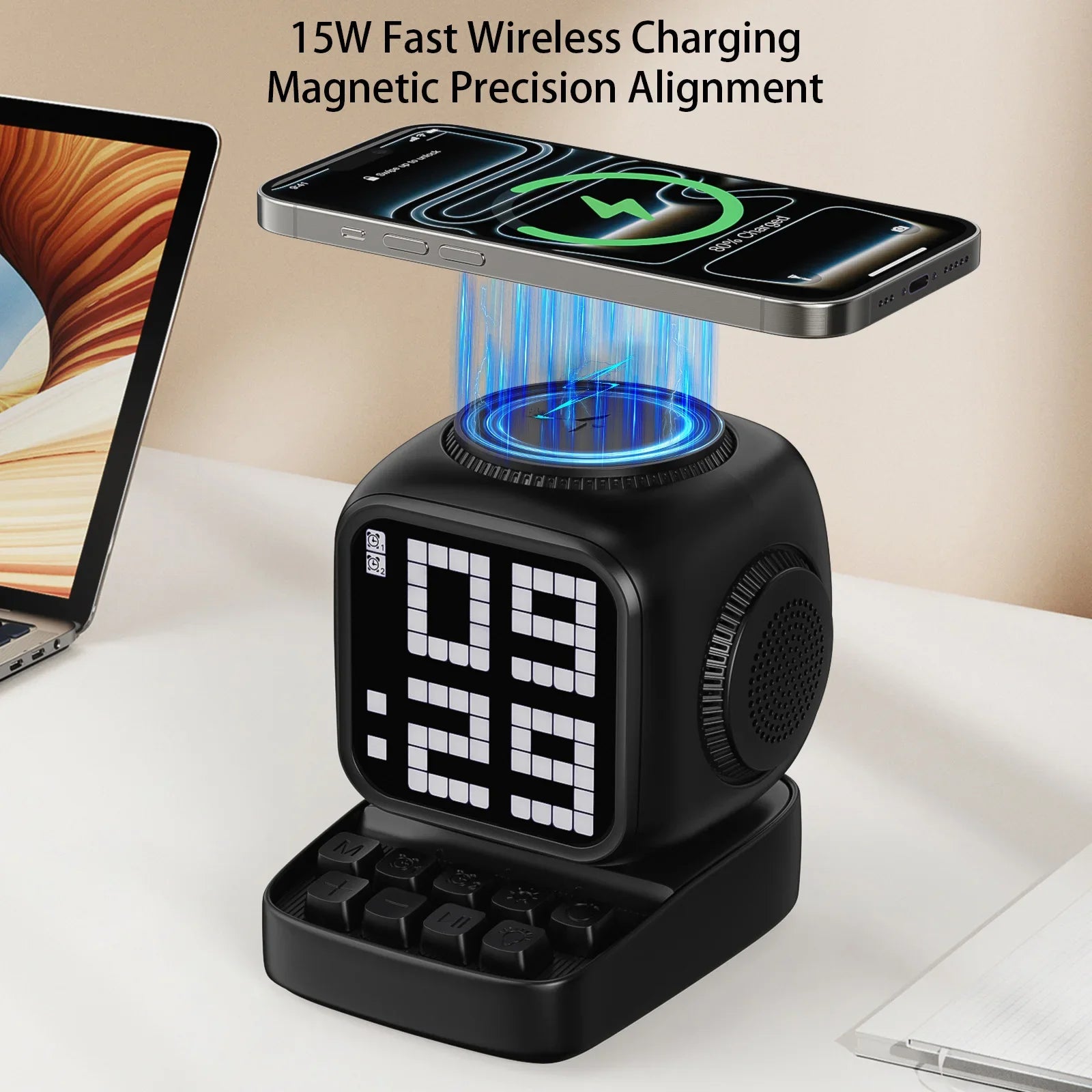 Portable Bluetooth Speaker with LED Alarm Clock and Wireless Charger Tidesmit