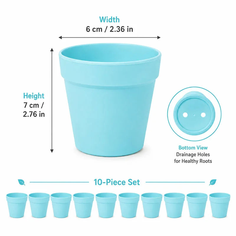 Light blue mini round plastic flower pot with drainage holes and wide opening for succulents.