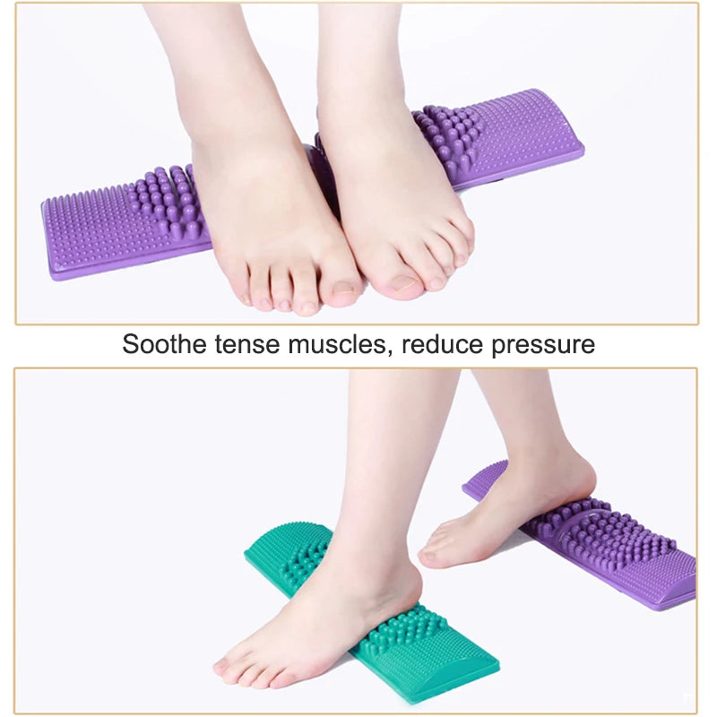 Purple and green plastic foot reflexology massage mats for acupressure, stress relief, and pain management.