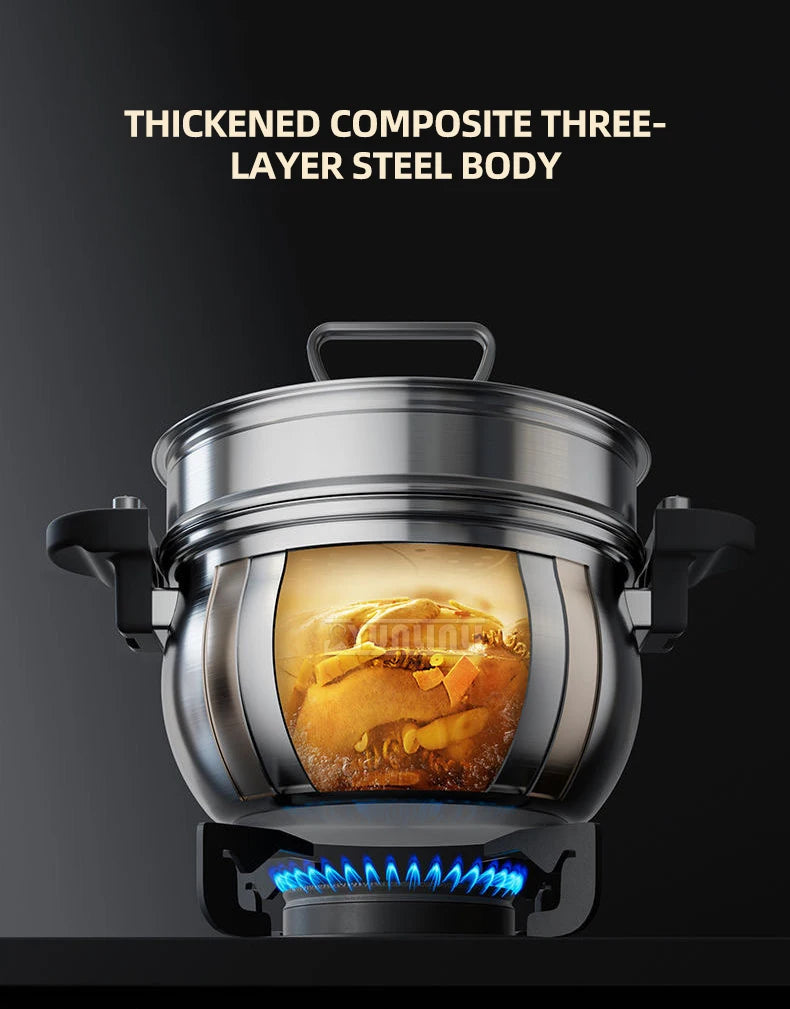 Stainless steel pressure cooker with thickened body, transparent window, and heating flame