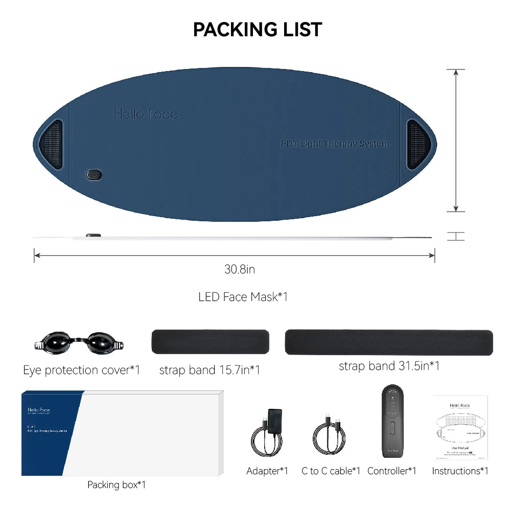 Packing list for Hello Face PDT light therapy mask: oval blue mask, goggles, two straps, controller, cables, and box.