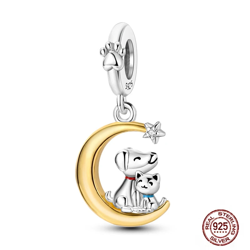 925 Sterling Silver moon pendant charm featuring a cute dog and cat, perfect for DIY charm bracelets and pet lovers.