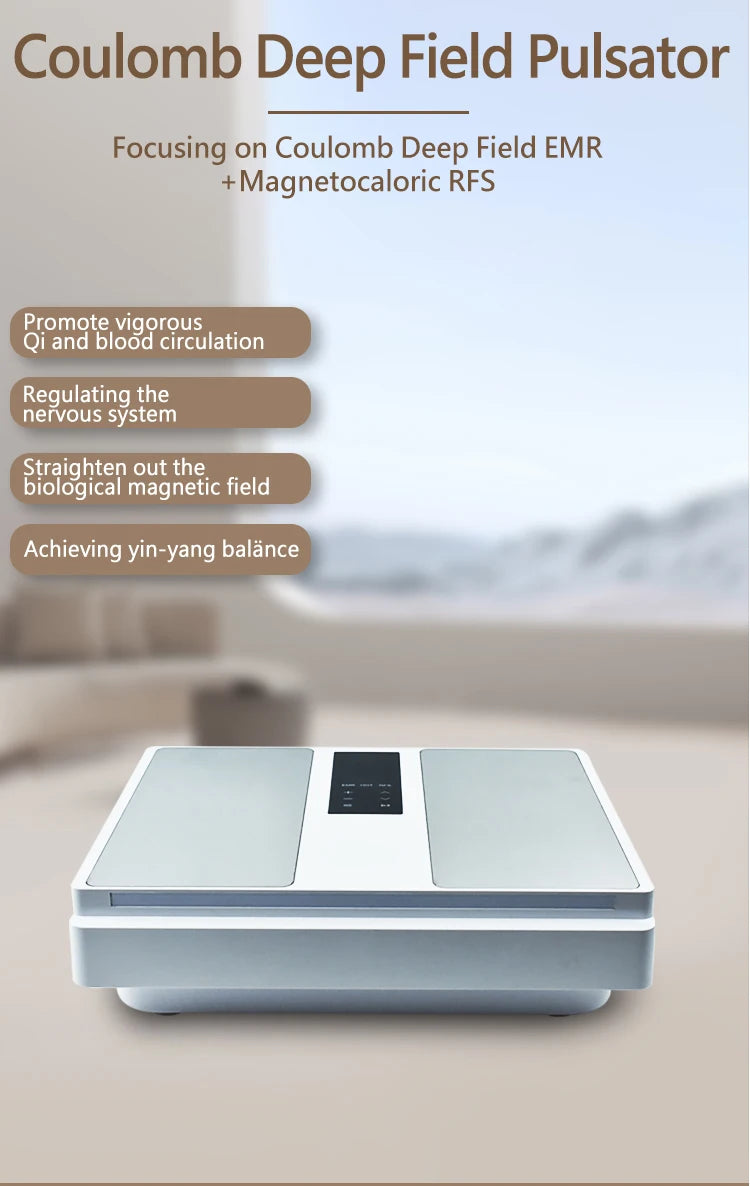 Coulomb Deep Field Pulsator: a rectangular white floor platform with a central control panel for health therapy.