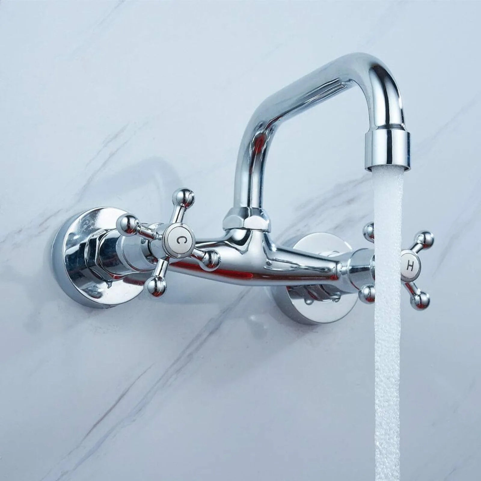 Dual Handle Brass Wall Mount Kitchen Faucet, Rotatable Spout Hot Cold Water Mixer Tap for Kitchen Sink