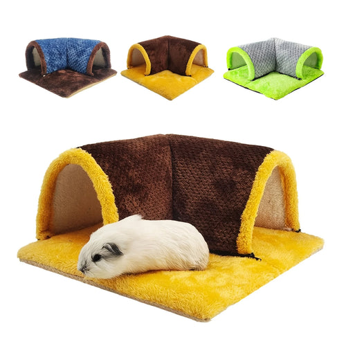 Tidesmit soft fleece corner hideout tunnels for small pets in blue, brown-yellow, and gray-green, with guinea pig.