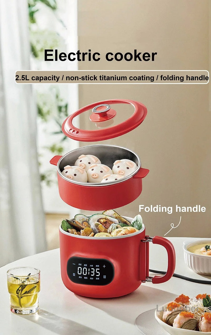 Red electric cooker with open lid showing steaming food; folding handle and timer display