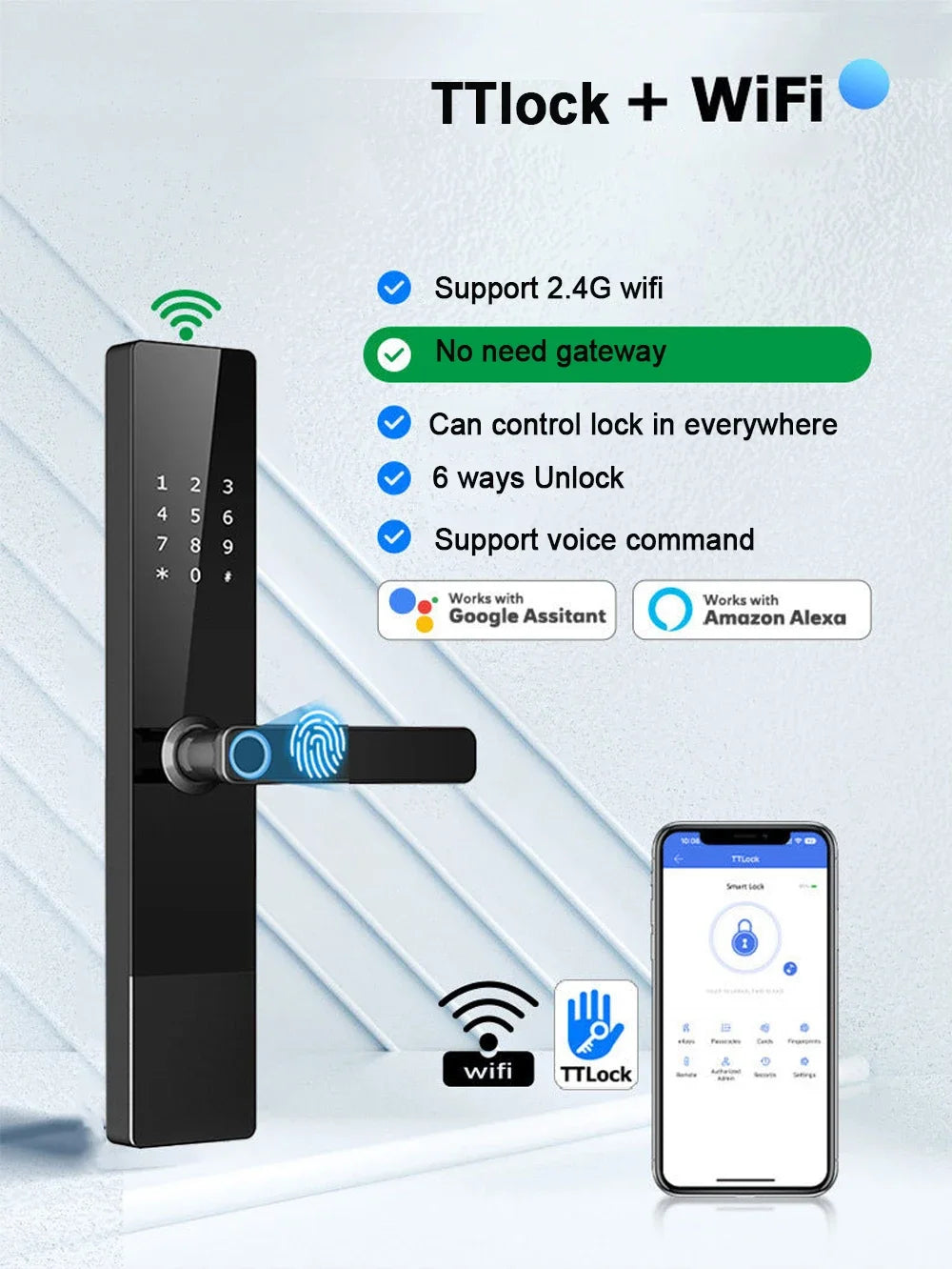 WiFi Smart Lock for Front Door TTlock APP Remote Control Fingerprint Keypad Door Lock Keyless Entry for Door Thickness 40-120mm