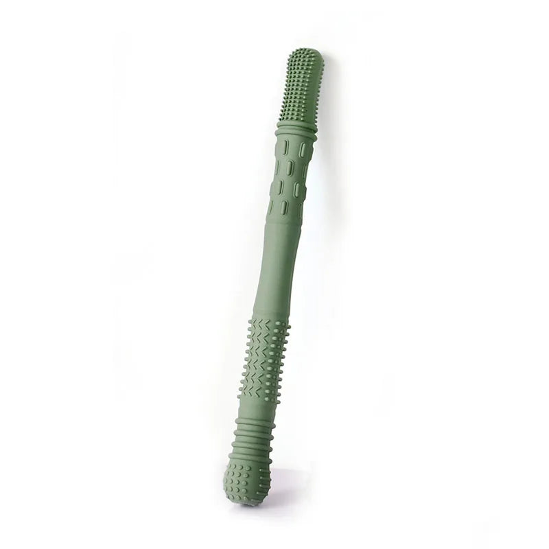 Sage green silicone teething toy for baby relief. Textured stick design for soothing gums.