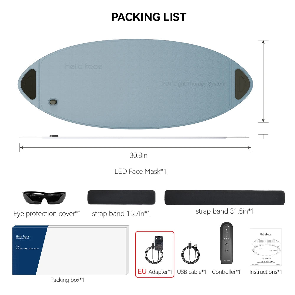 LED light therapy mask kit: blue oval mask, protective eyewear, two black straps, controller, cables, and manual.