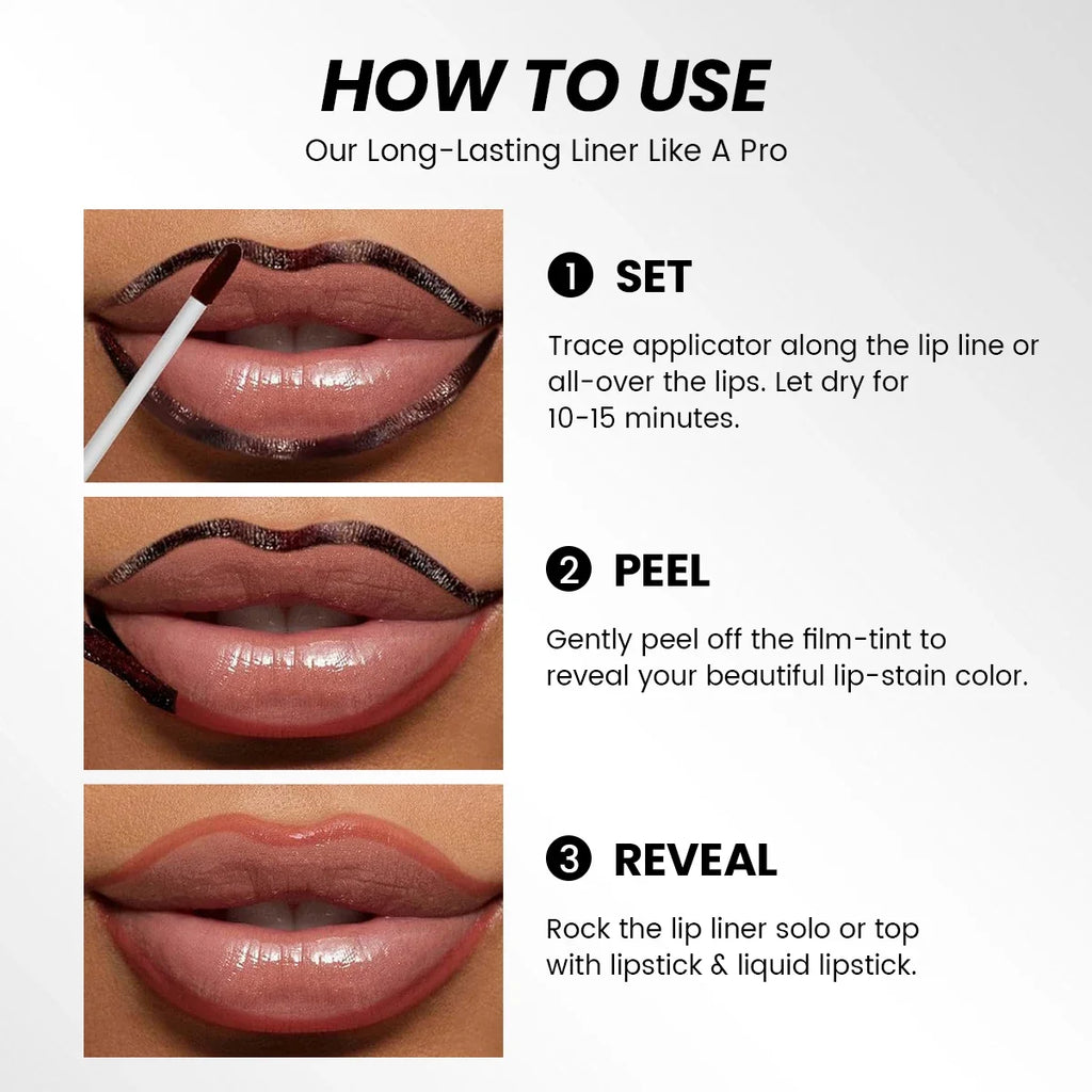 How-to guide for waterproof tear-off lip liner showing peel-off application for long-lasting matte lip stain results.