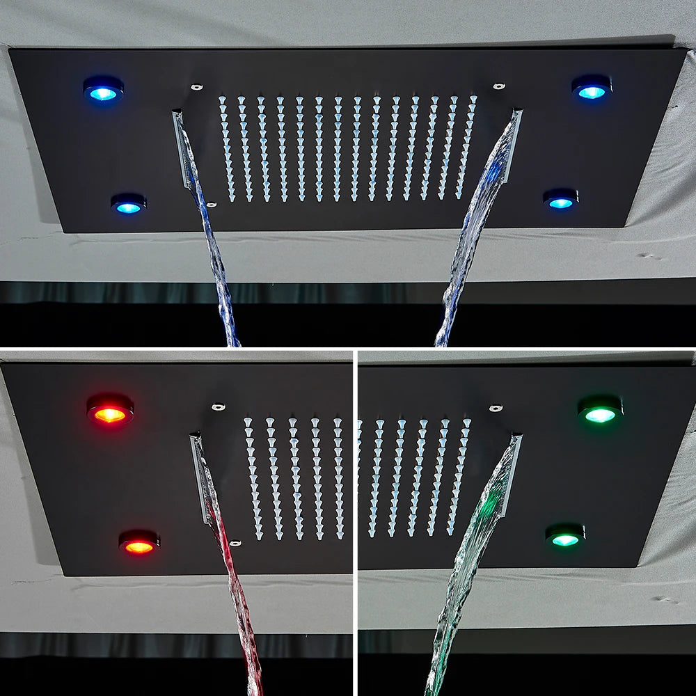 Digital Display Thermostatic Rain Shower System Set 14 X 20 Inch Waterfall Rainfall LED Ceiling Shower Head with HandShower