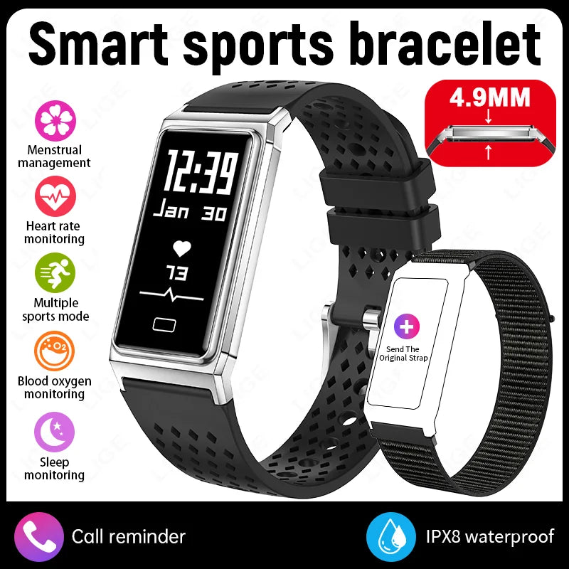 Black and silver smart sports bracelet smartwatch with rectangular display and perforated band