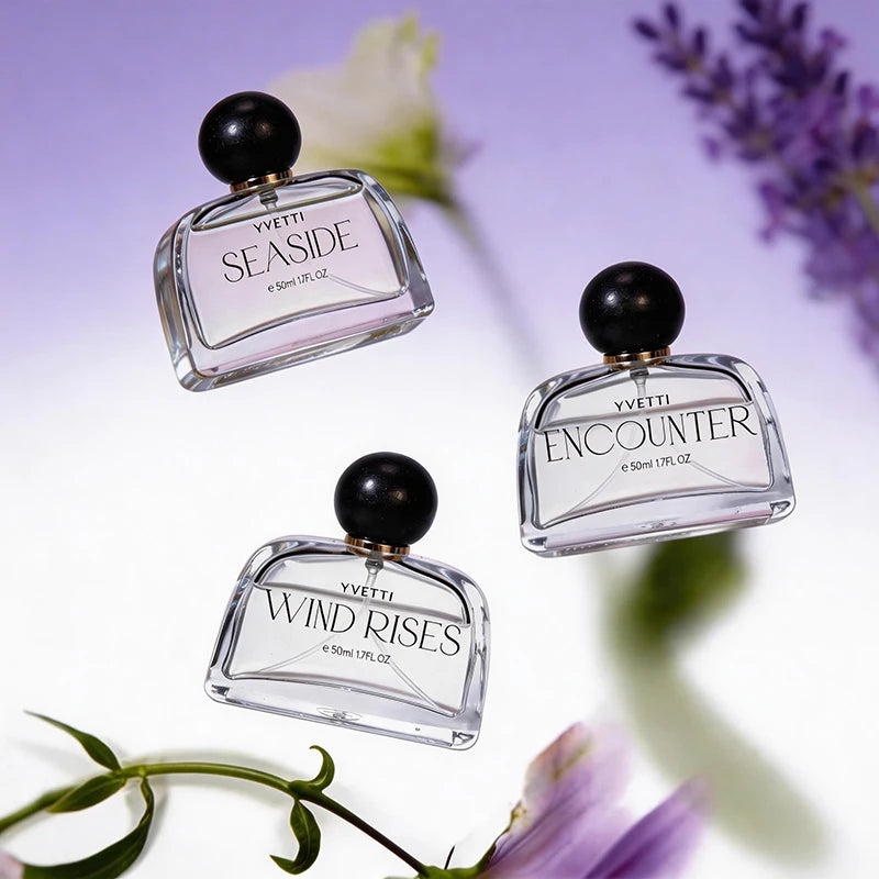 Yvettei floral perfume collection for women: long-lasting lavender, gardenia, camellia scent in glass bottles.