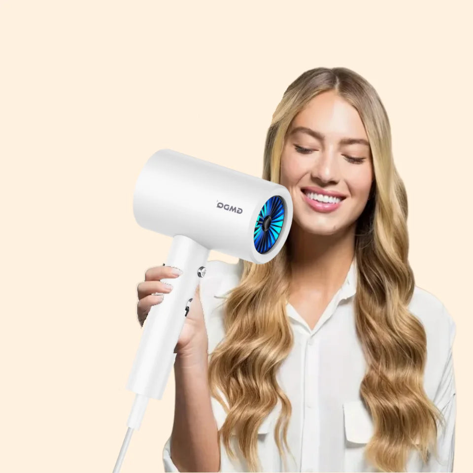 Woman holding a white Gmdq 1800W hair dryer with blue light technology for quick-drying and professional hair care.
