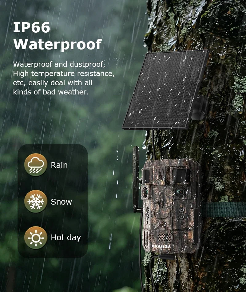 INQMEGA 24MP Dual Lens Solar 4G GPS Hunting Trail Camera AI PIR 180° Wide Angle Night Vision IP66 Outdoor Wildlife Camouflage