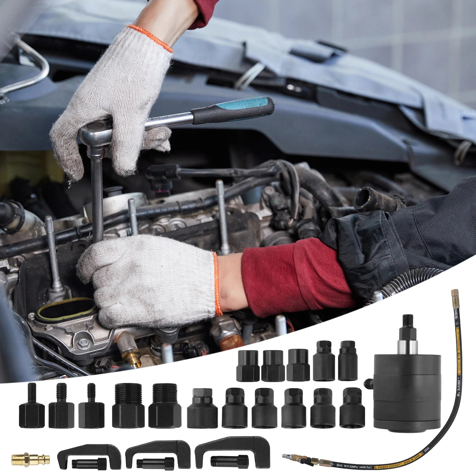 Podofo 24PCS Pneumatic Diesel Injector Puller Tool Kit Air Powered Injector Extractor Removal Tool Set with 19 Adapters Hooks for Common Rail Fuel Injectors Diesel Engine Repair Garage Auto Tools