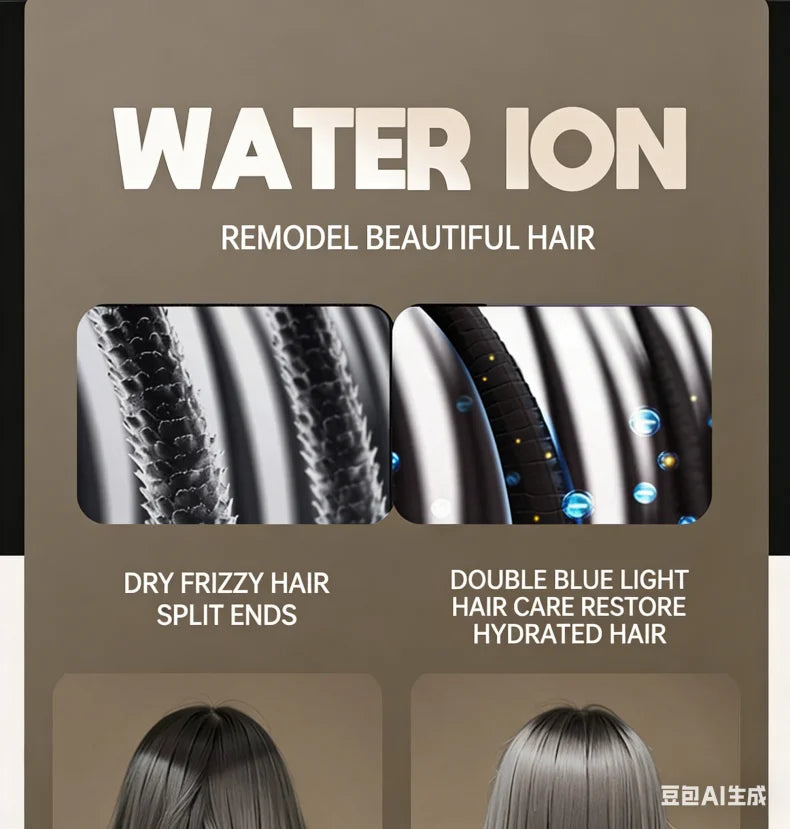 1800W water ion hair dryer for frizz-free, hydrated hair with blue light therapy for smooth, professional results.