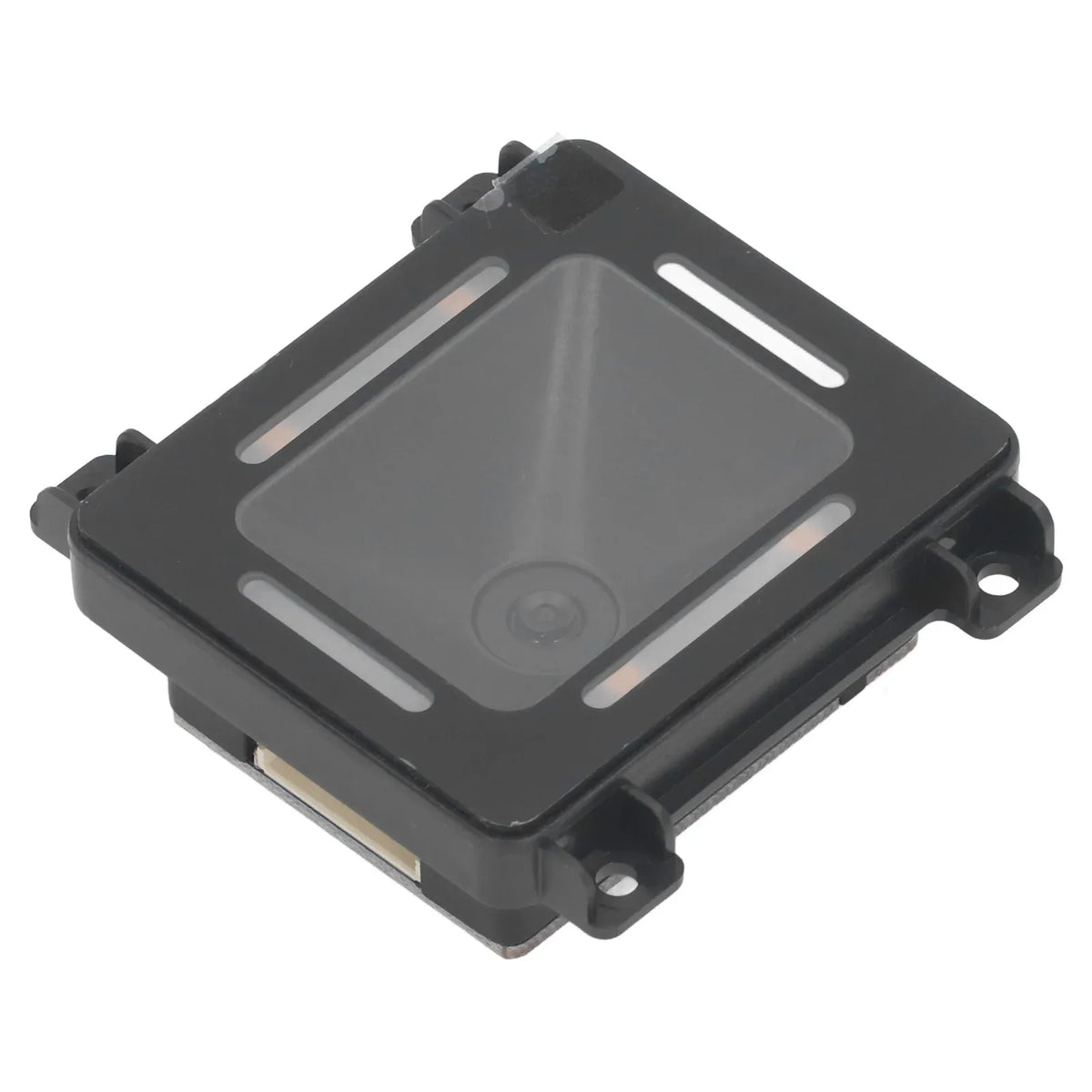 Black 2D barcode reader module angled view, scanning window and side mounting holes