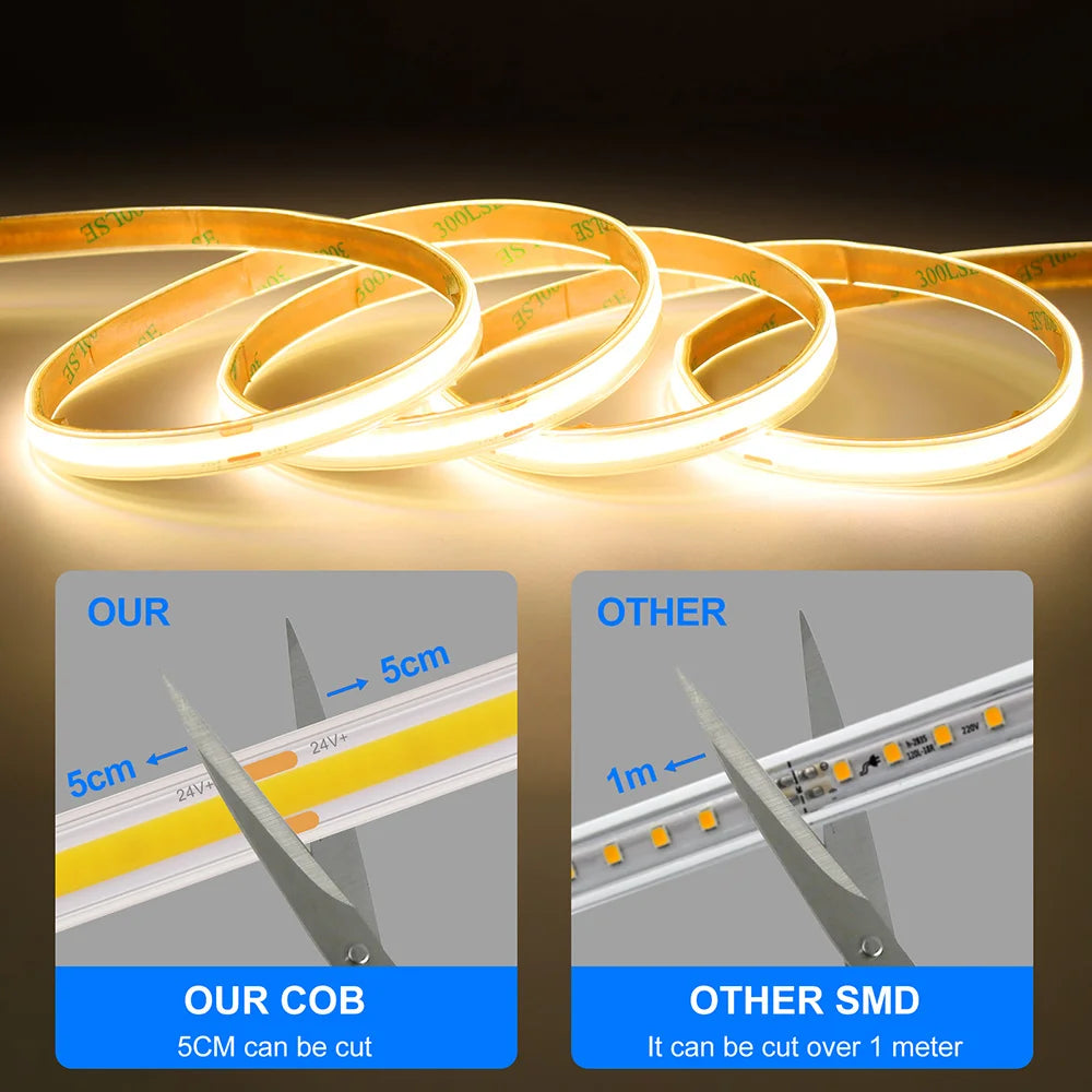 IP67 Waterproof COB LED Strip Light 12V 24V 3000K 4000K 6000K Flexible Led Tape 5m 10m 20m 0.5m 1m 2m 480LEDs/m Linear Lighting