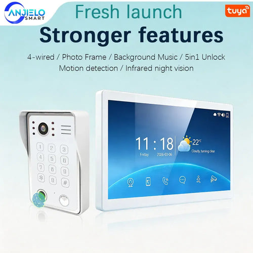White indoor video intercom monitor with touchscreen and outdoor keypad doorbell unit