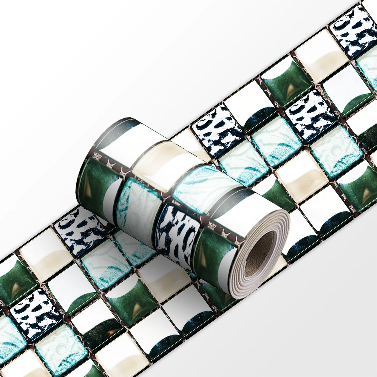 Peel-and-stick mosaic tile wall border sticker strip, green and blue square mosaic roll