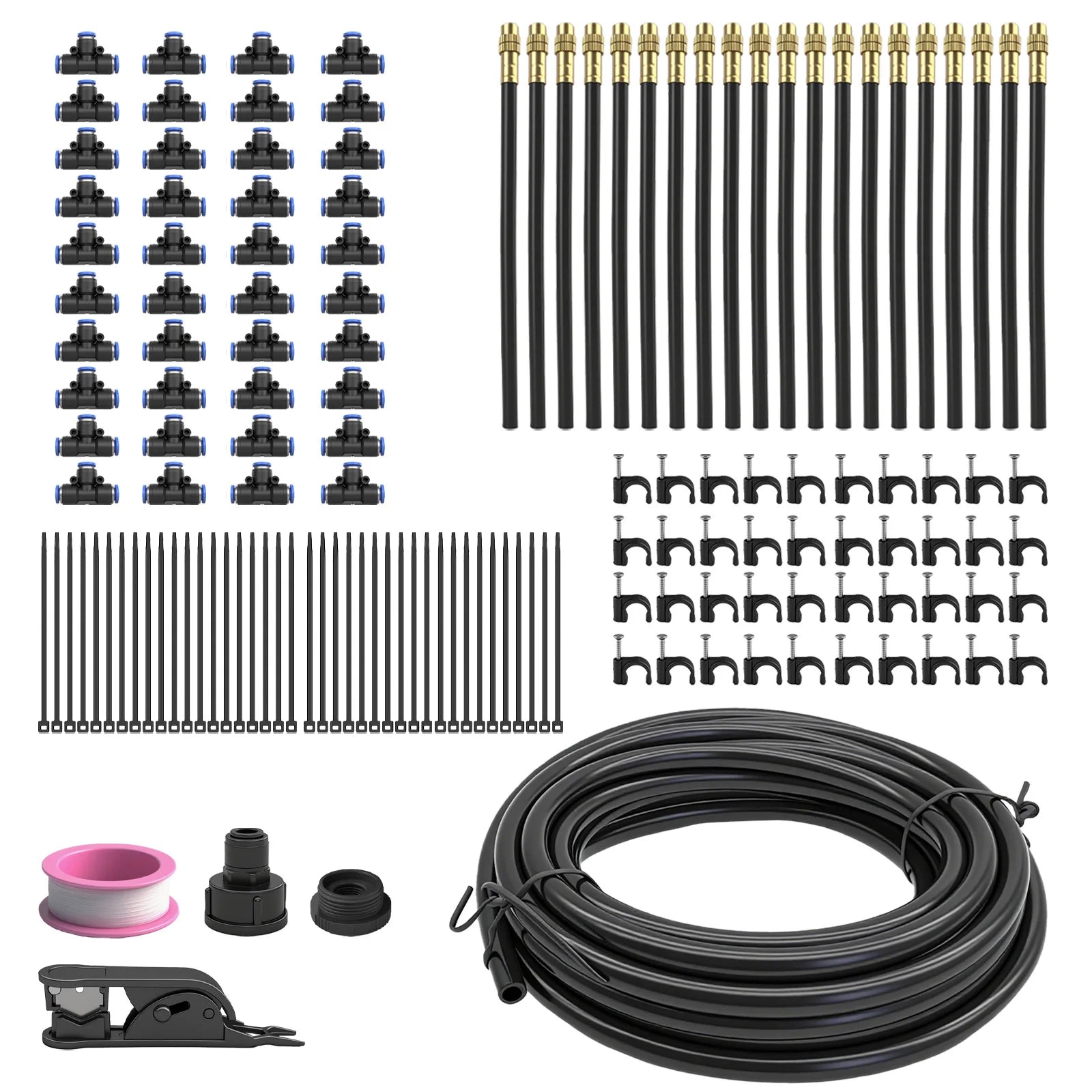 20M DIY Drip Irrigation System Kit, 360° Adjustable Copper Spray Nozzles Garden Watering Set with Pipe Cutter, Clips, Cable Ties, Adapters for Vegetable Garden, Potted Plants, Greenhouse