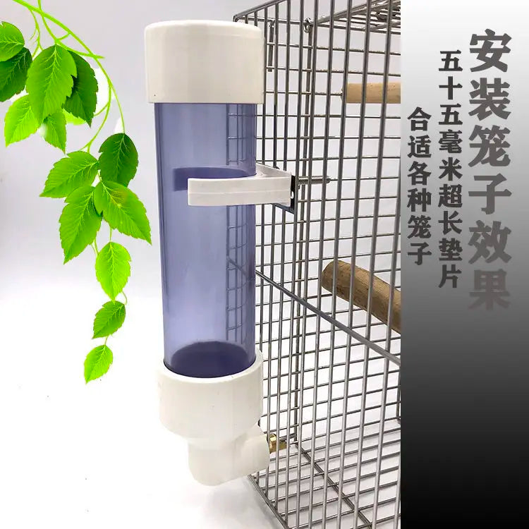 Large automatic parrot water dispenser, clear plastic needle feeder for birds, easy-mount cage attachment, 55mm size.