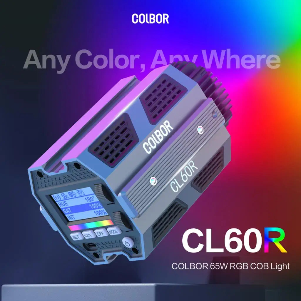 CL60R 65W RGB COB video light with a rectangular metal body, rear cooling vents, and an integrated settings display.