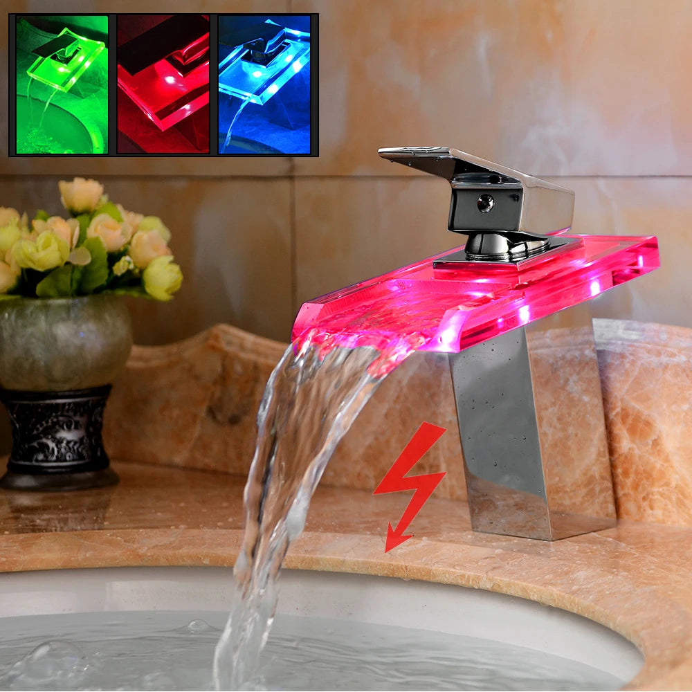 Smart Bathroom Faucet with Temp Light, Anti-Scald LED Indicator, Brass Construction, Waterfall Faucet, LED Color Changing