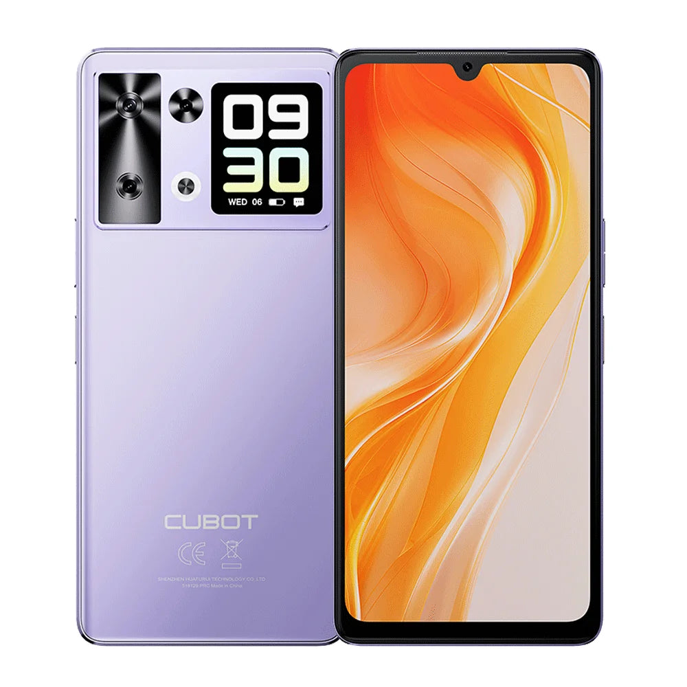 Cubot P90 purple smartphone, 6.88-inch 120Hz display, 64MP rear camera module, front and back view, Android 4G phone.