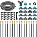 Drip irrigation kit set with gray hose coil, black valves, and copper emitter nozzles.