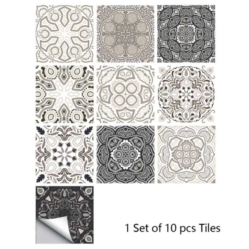 Set of mosaic tile sticker tiles, white, beige, and dark gray ornate mandala designs