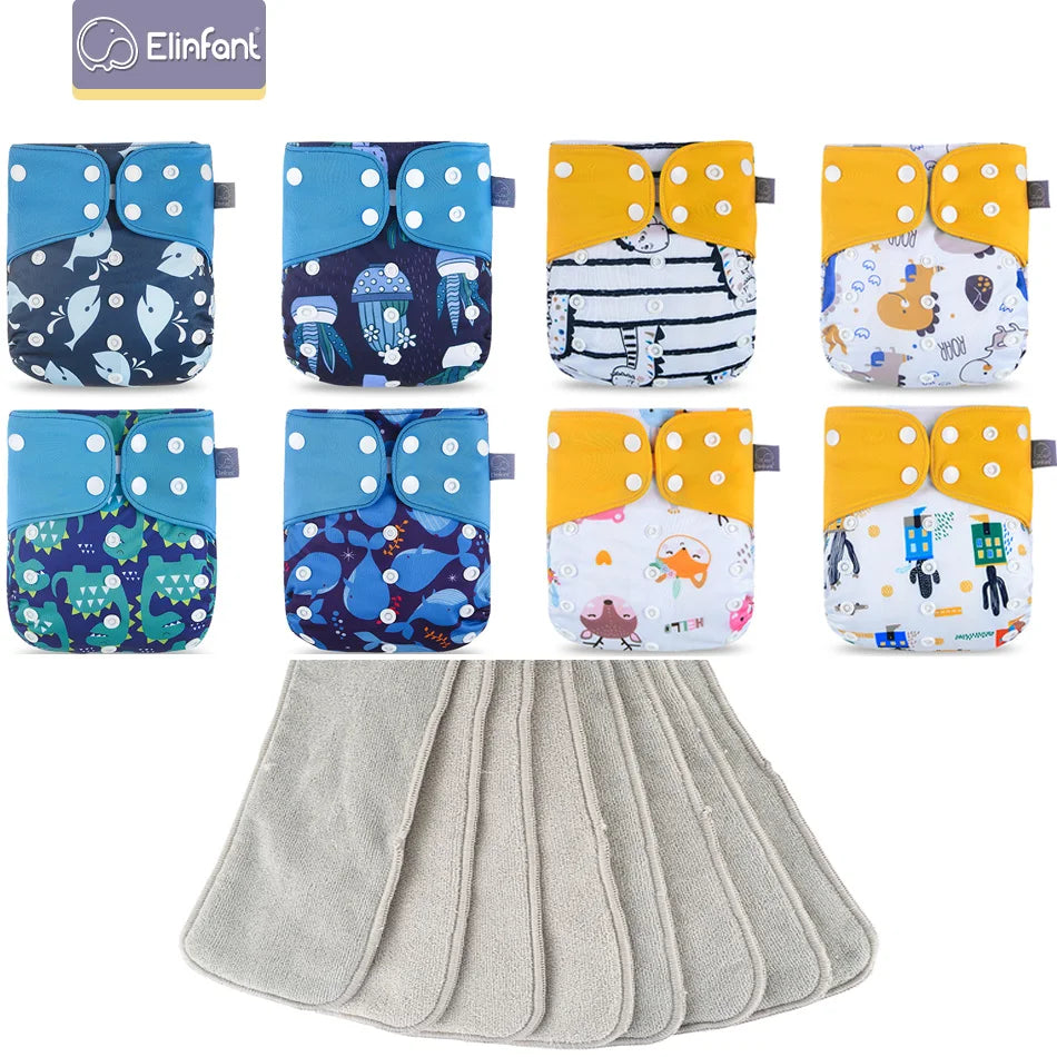 Elinfant baby care set: 8 reusable cloth diapers with colorful animal prints and matching absorbent inserts.